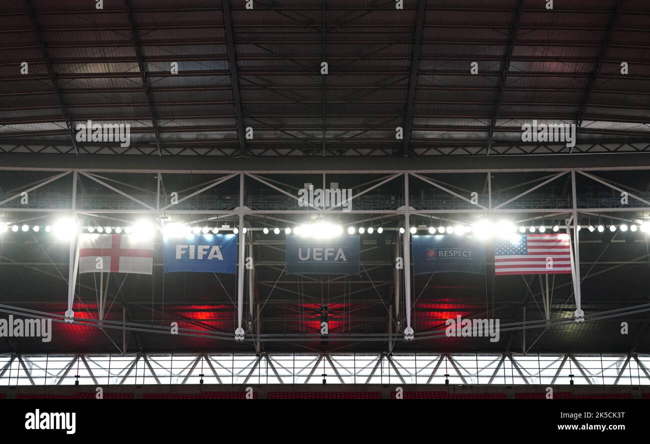 A view of the flags of England and USA high above the stands before the