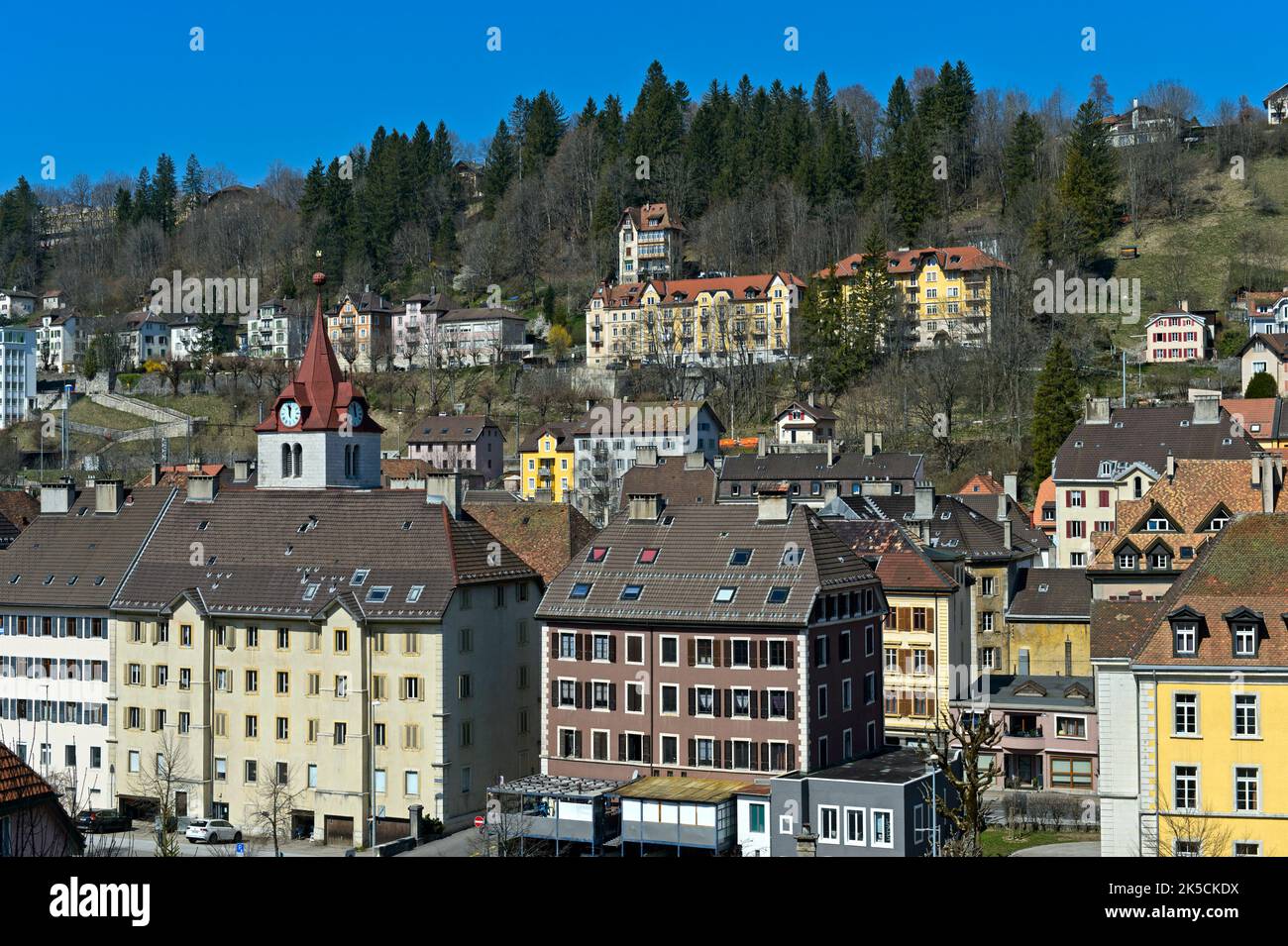 Cityscape of the watchmaking town of Le Locle, UNESCO World Heritage Site, Canton Neuchatel, Switzerland Stock Photo
