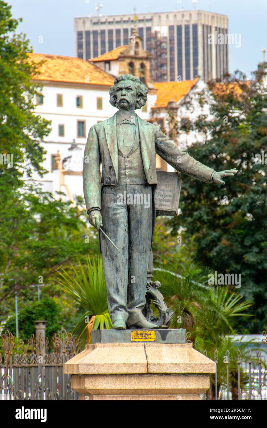 statue of Carlos Gomes in downtown Rio de Janeiro, Brazil - September 11, 2022: Statue of Carlos Gomes at Teatro Municipal in downtown Rio de Janeiro. Stock Photo