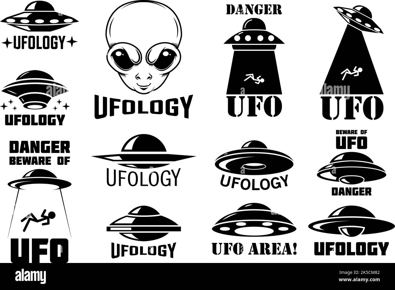 Set of emblems with ufo, alien. Ufology signs. Vector illustration Stock Vector