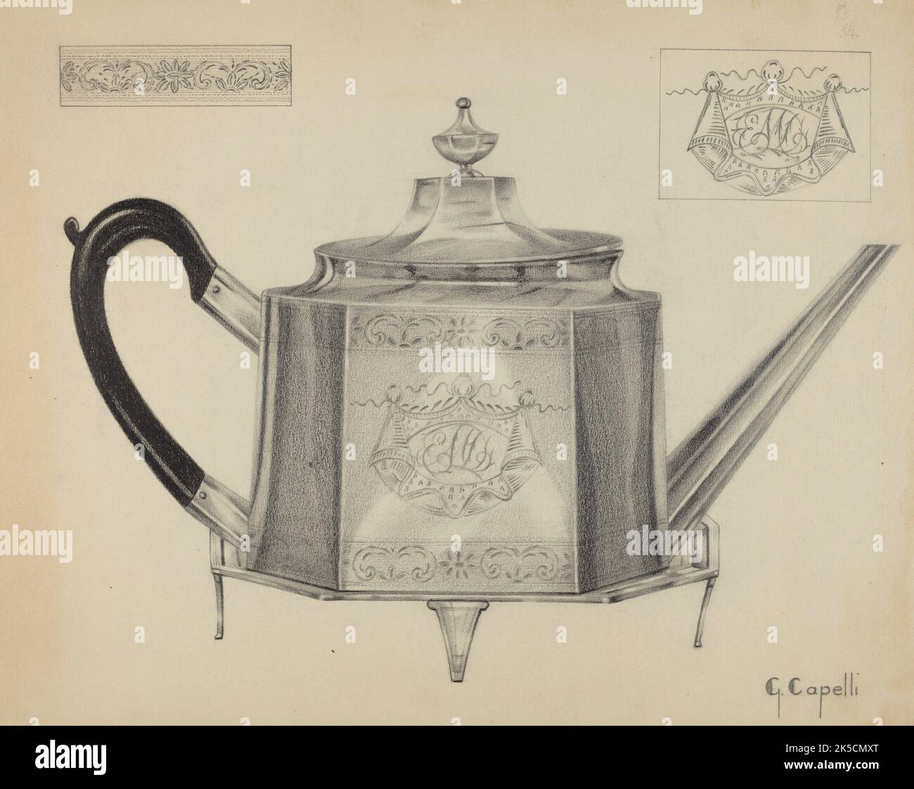 Silver Teapot with Tray, c. 1936. Stock Photo