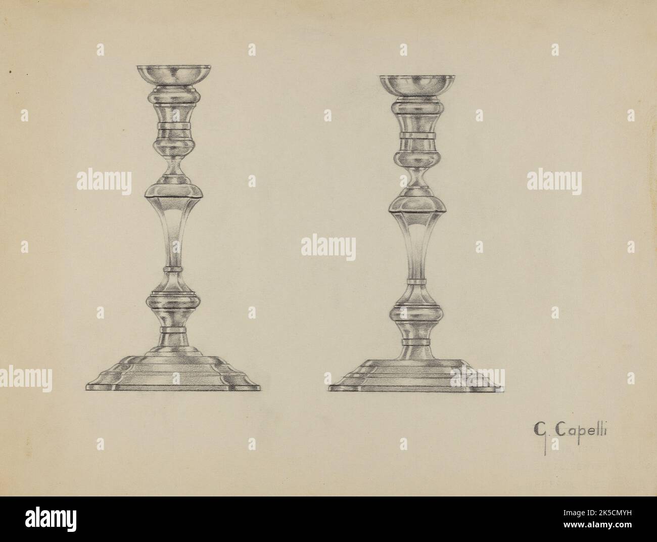 Silver Candlesticks, c. 1936. Stock Photo