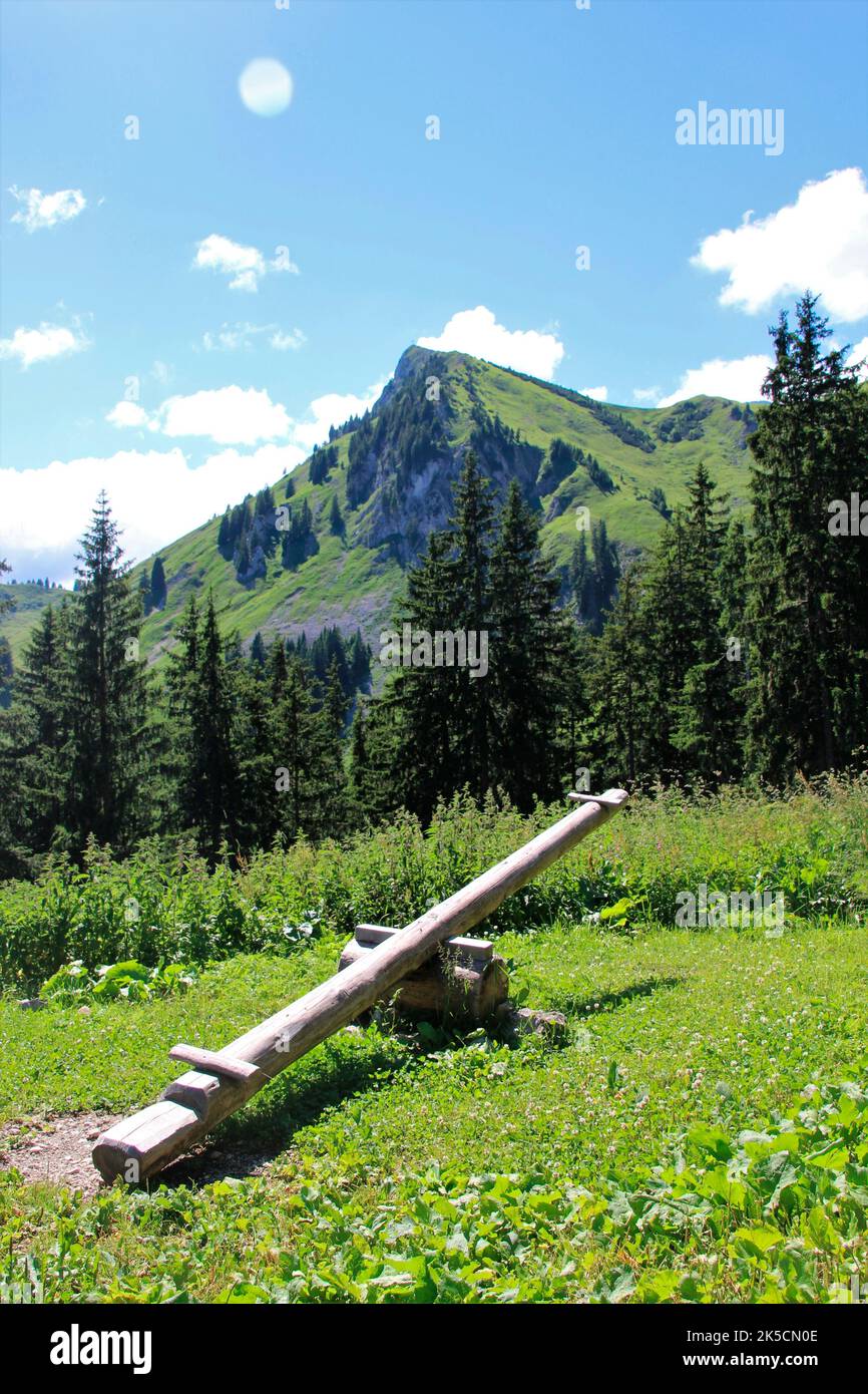 Hike to Gehrenalpe 1610m, children's playground, seesaw, Wängle near Reutte in Tyrol, Austria, Europe Stock Photo