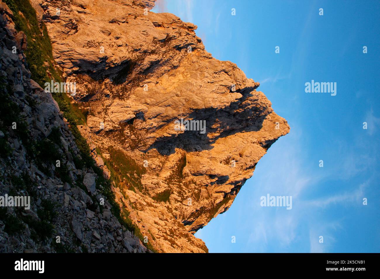 Secondary peak of Viererspitze in sunset, Karwendel, Germany, Bavaria, Upper Bavaria, Werdenfelser Land, Isartal, Mittenwald Stock Photo