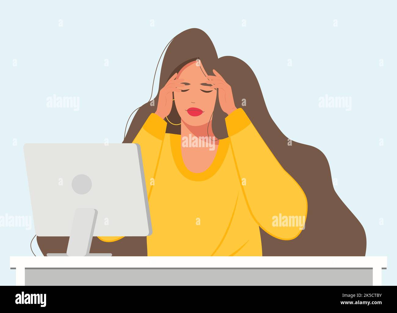 My head hurts. A worried girl is busy studying a PC. Stock Vector