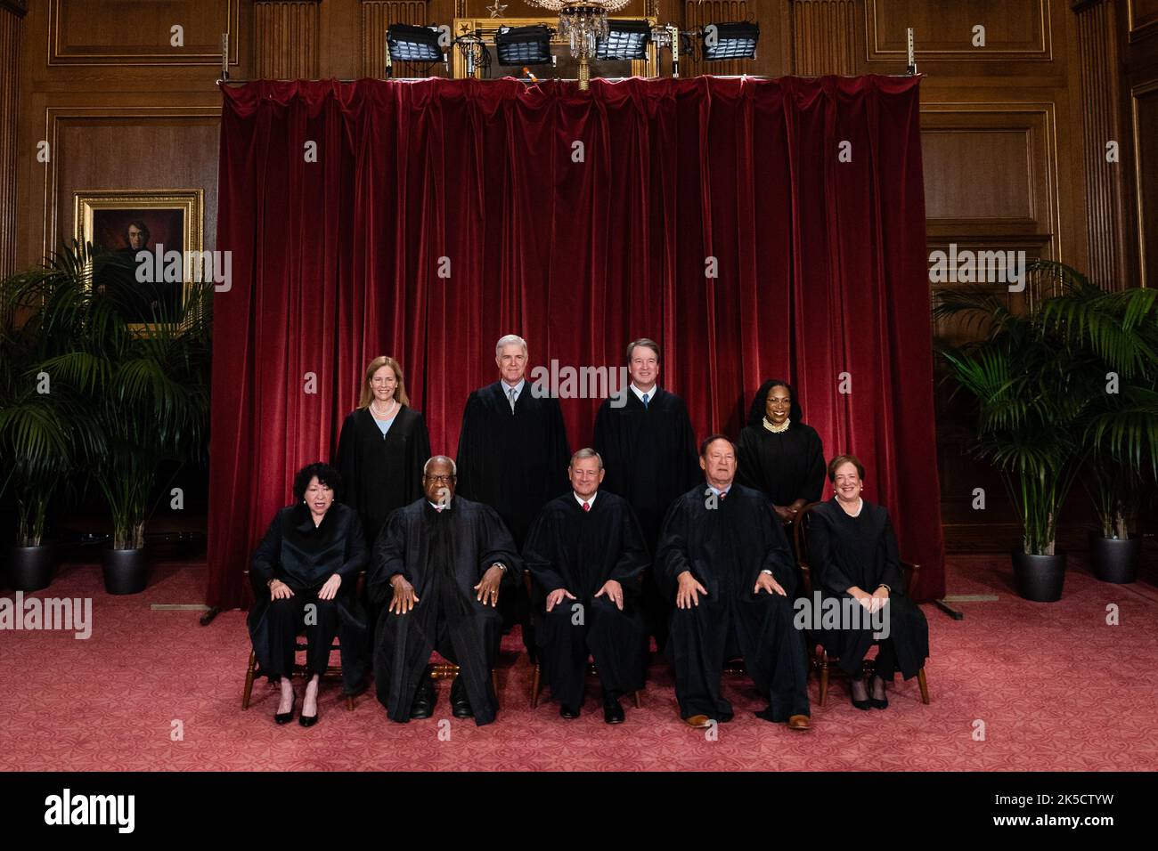Justices of the US Supreme Court during a formal group photograph at the  Supreme Court in Washington, DC, US, on Friday, Oct. 7, 2022. Seated from  left: Associate Justice Sonia Sotomayor, Associate