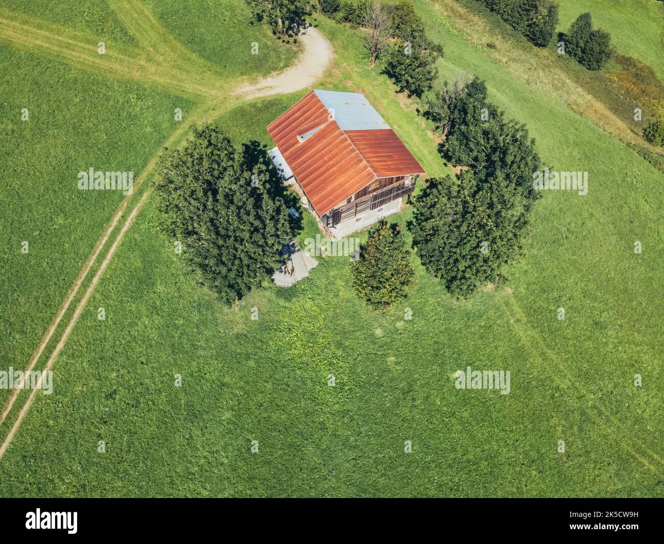 Italy, Veneto, province of Belluno, Santo Stefano di Cadore, Campolongo. Rural building, trees and well-kept green lawn, elevated view Stock Photo