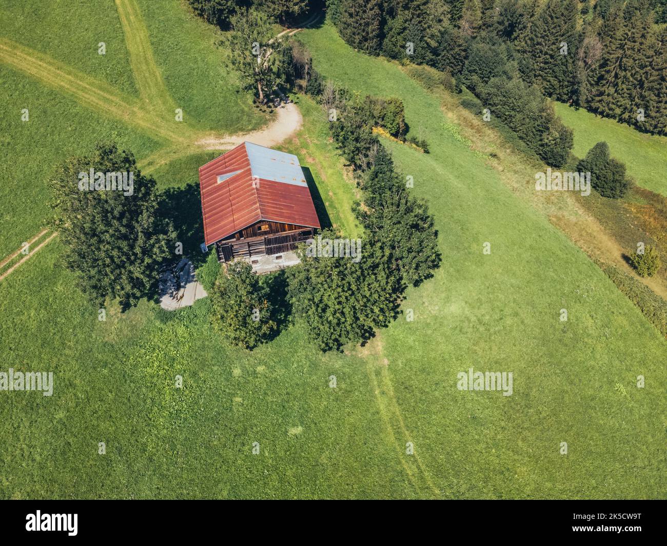 Italy, Veneto, province of Belluno, Santo Stefano di Cadore, Campolongo. Rural building, trees and well-kept green lawn, elevated view Stock Photo
