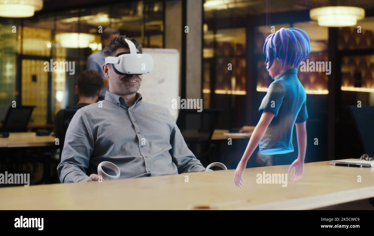 A man with virtual reality glasses uses a joystick to connect the video