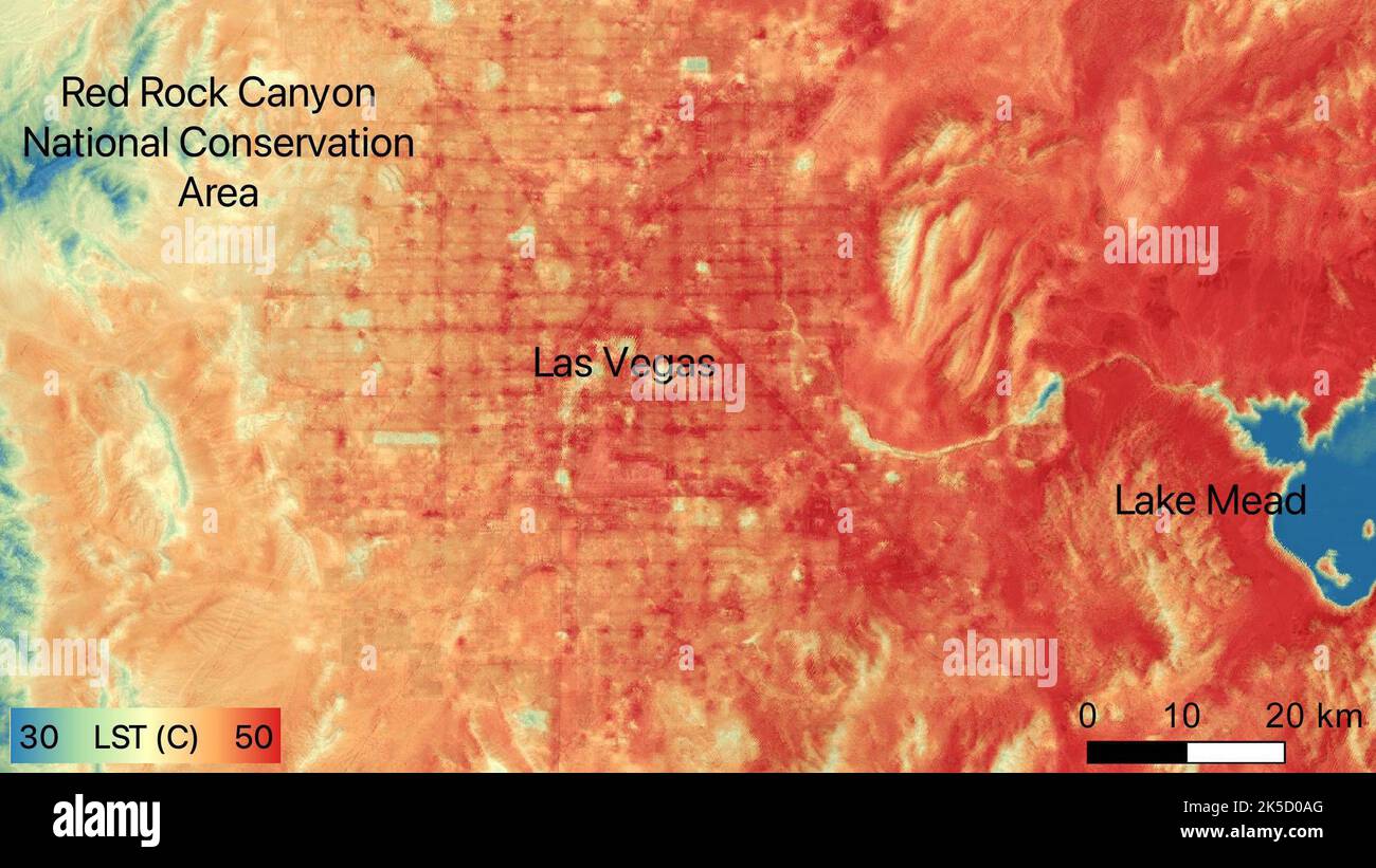 On June 10, 2022, Las Vegas reached a record daily high temperature of 109 degrees Fahrenheit (43 degrees Celsius), and temperatures on the ground itself were higher still. NASA's Ecosystem Spaceborne Thermal Radiometer Experiment on Space Station (ECOSTRESS) instrument recorded this image of ground surface temperatures at 5 23 p.m. that day. Within the city, the hottest surfaces were the streets – the grid of dark red lines in the center of the image. Pavement temperatures exceeded 122 F (50 C), while the exteriors of downtown buildings were a few degrees cooler than paved surfaces. Suburban Stock Photo