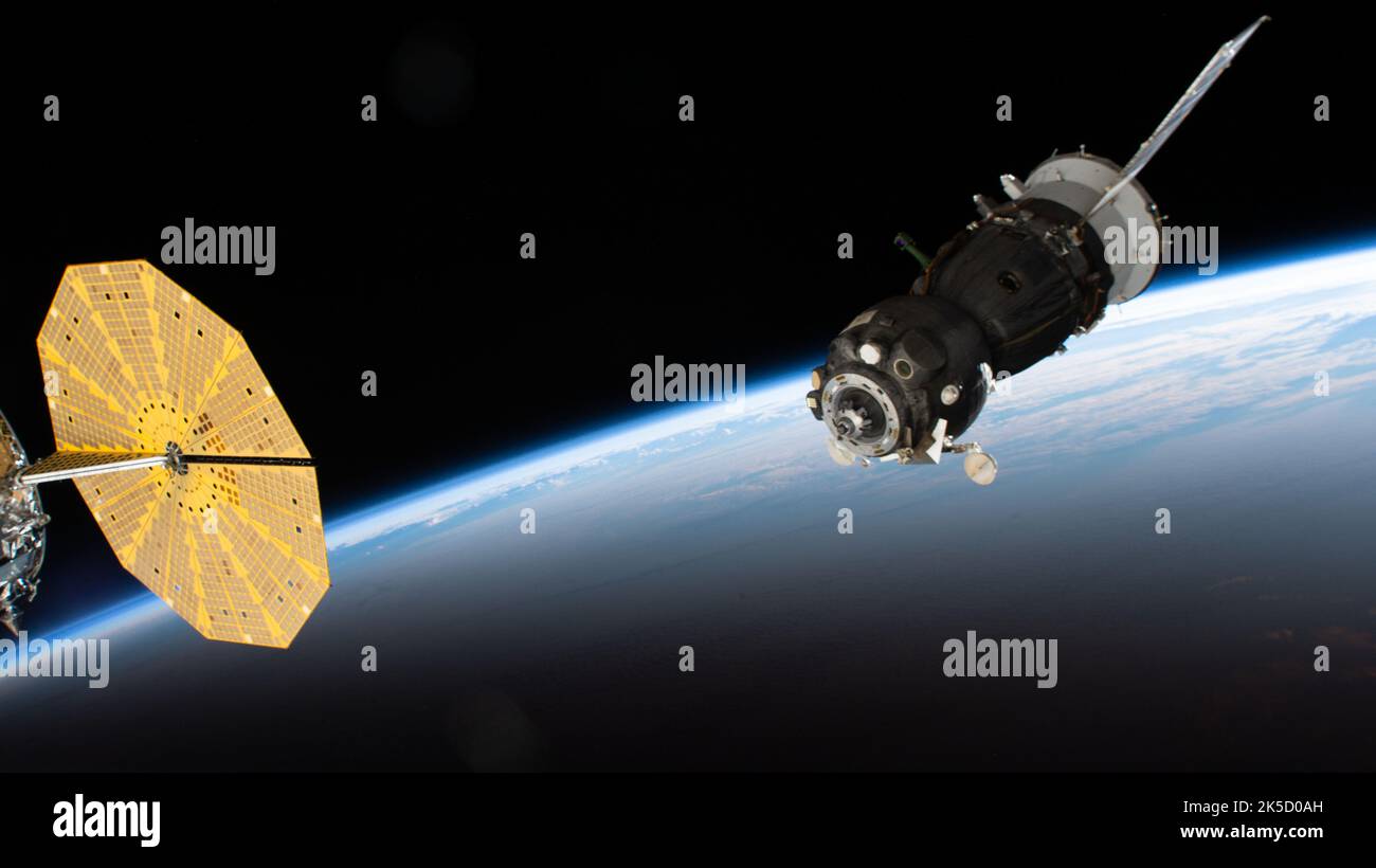 The Soyuz MS-19 crew ship undocked from the ISS Rassvet module with ...