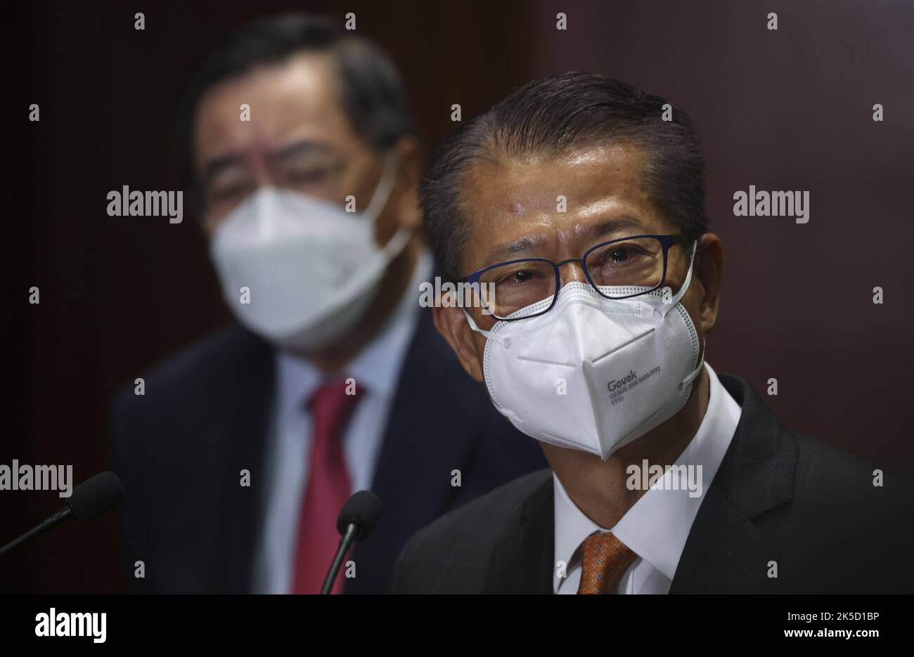 Legislative Council President Andrew Leung Kwan-yuen (Left) and Financial Secretary Paul Chan Mo-po meet the media after Ante Chamber Exchange Session at Legco Building in Tamar.05OCT22 SCMP/ Edmond So Stock Photo