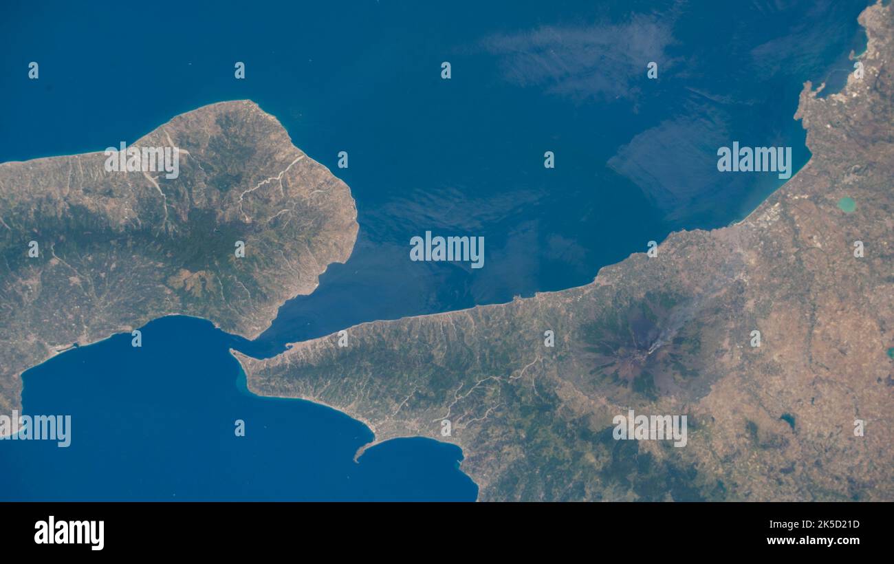 The southern tip of the boot of Italy (left) and the island of Sicily