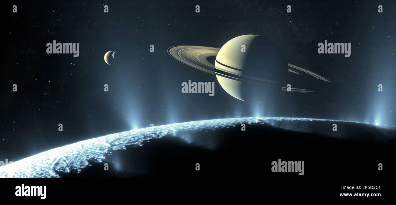 Saturn has long inspired astronomers, from Galileo’s first glimpse of its rings in 1610 to the last pictures taken by the Cassini spacecraft as it descended toward the planet’s atmosphere in 2017. But after four centuries of observing Saturn with telescopes, robotic flybys and orbiters, what might it look like to visit in person and witness the jewel of the solar system rising above one of its many natural satellites Here we imagine the scene. Gazing over the south pole of the small moon Enceladus, geysers burst forth from cracks in the ice, scattering sunlight and forming a luminous veil arou Stock Photo