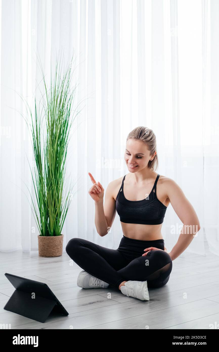 sportive life fitness woman online training lesson Stock Photo