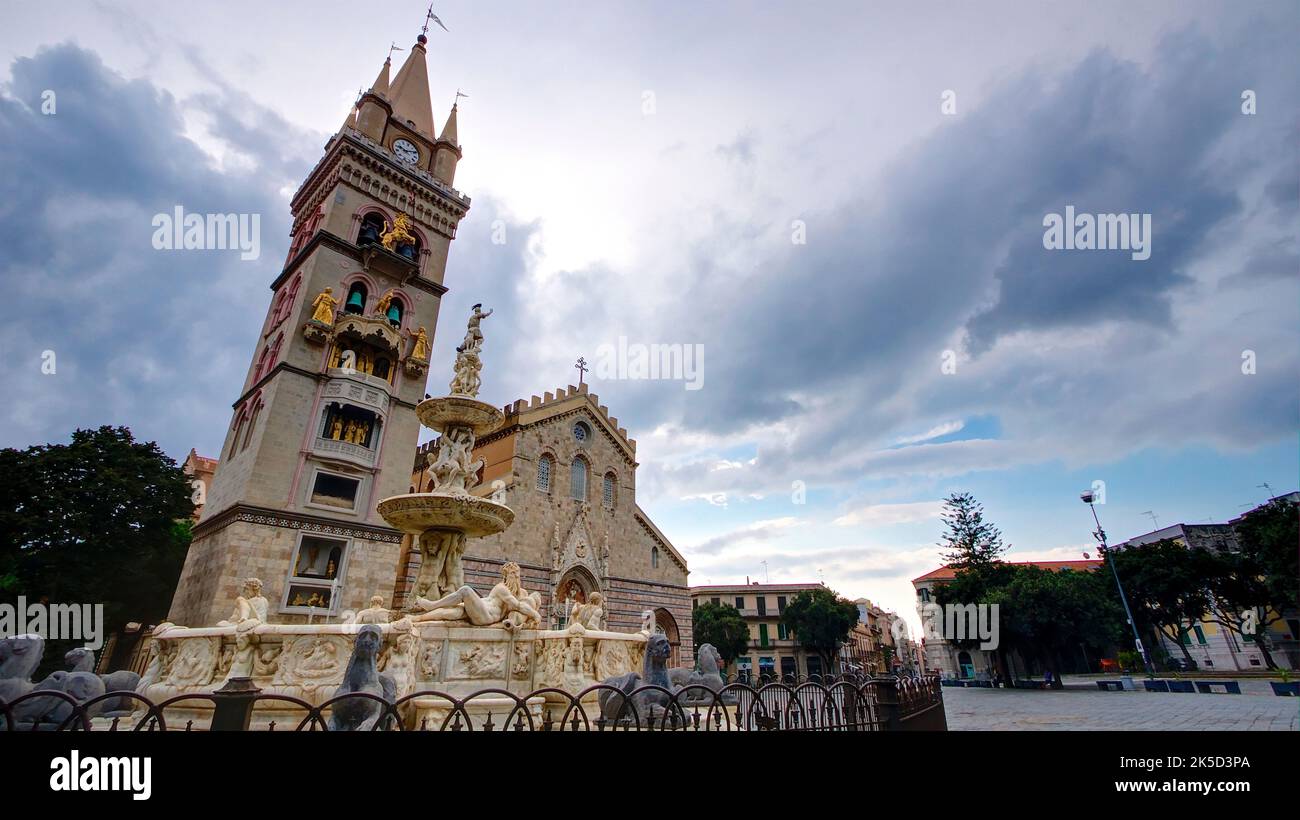 Italy, Sicily, Messina, old town, Messina cathedral, clock tower, cloudy weather, super wide angle, dramatic sky, portal of cathedral, clock tower Stock Photo