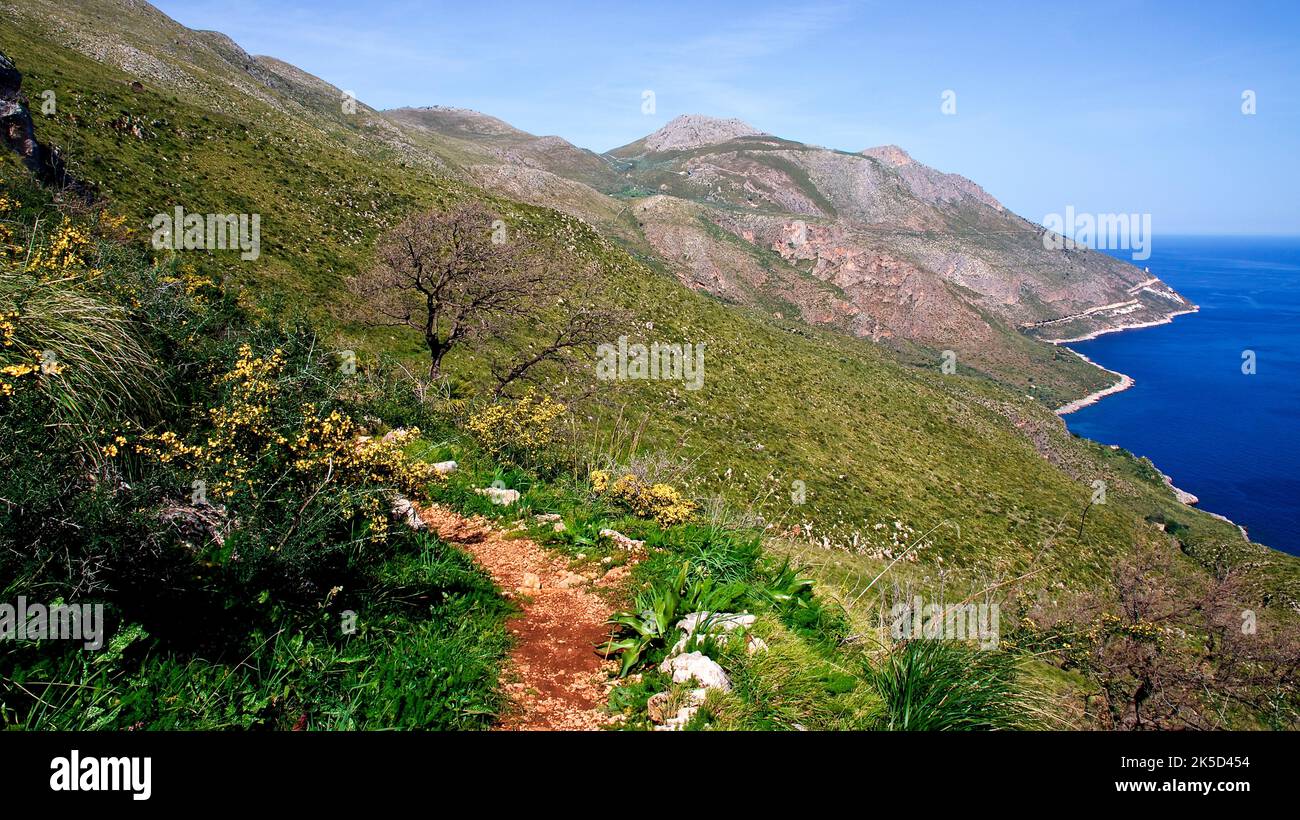 Italy, Sicily, Zingaro National Park, spring, view along the coast, hiking trail, green hills, sea coast, blue sea, sky light blue Stock Photo