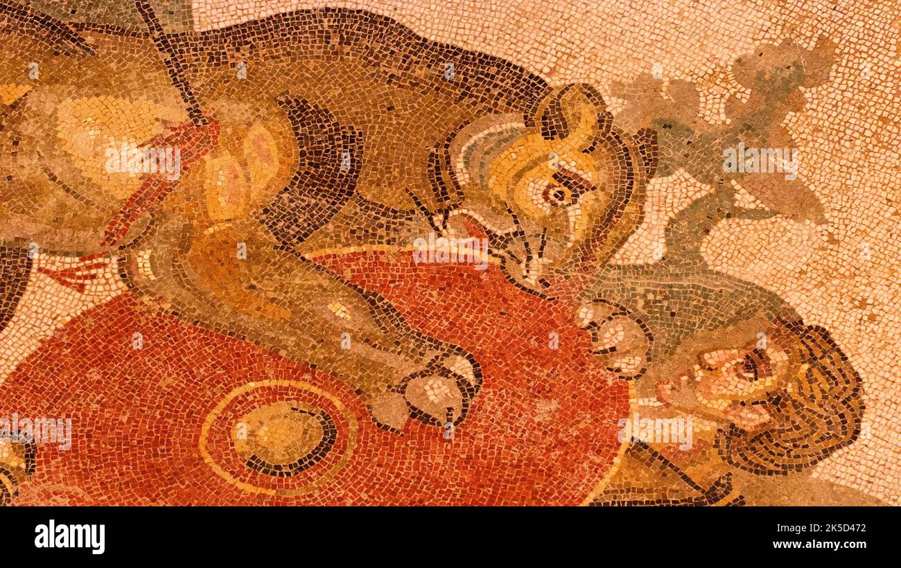 Italy, Sicily, Piazza Armerina, Villa Romana del Casale, Roman floor mosaics, depiction of gladiator fight, lion over gladiator with shield Stock Photo