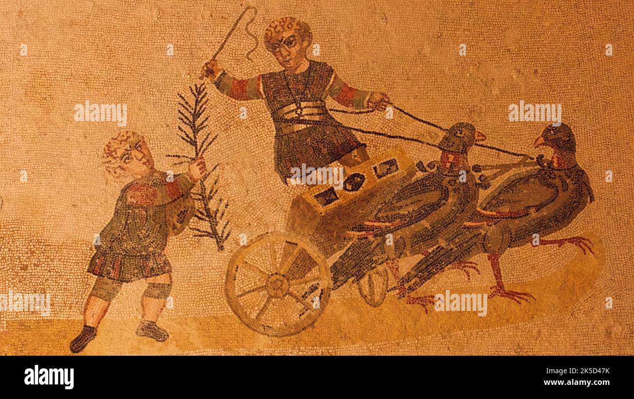 Italy, Sicily, Piazza Armerina, Villa Romana del Casale, Roman floor mosaics, youth on carriage pulled by birds Stock Photo
