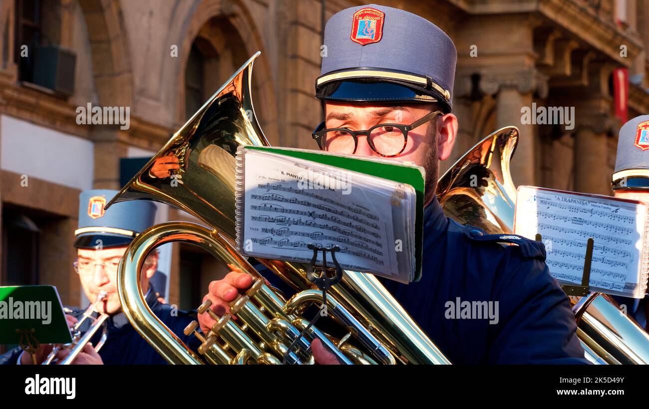 Italy, Sicily, Caltanisetta, Easter, procession, band, tuba player ...
