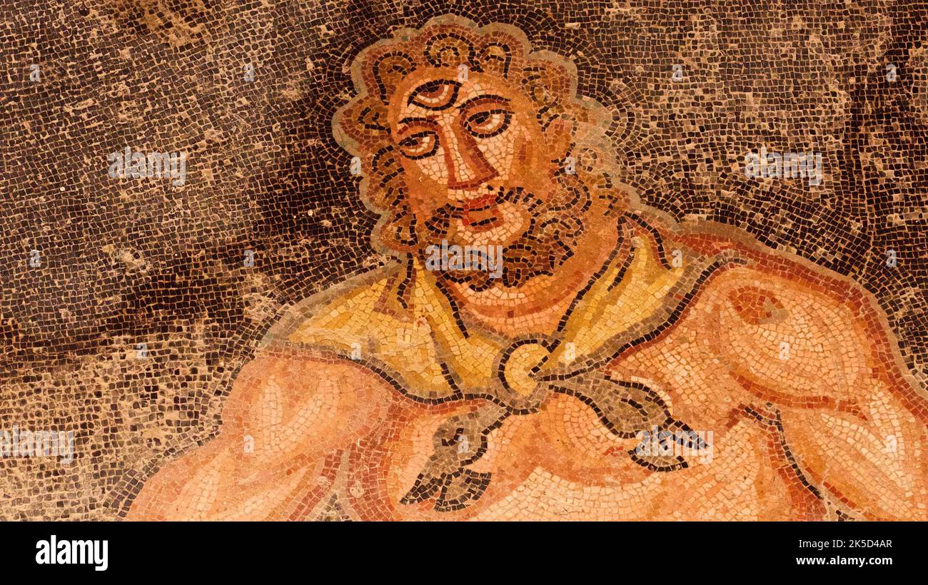 Italy, Sicily, Piazza Armerina, Villa Romana del Casale, Roman floor mosaics, Polyphemus with cyclops eye Stock Photo