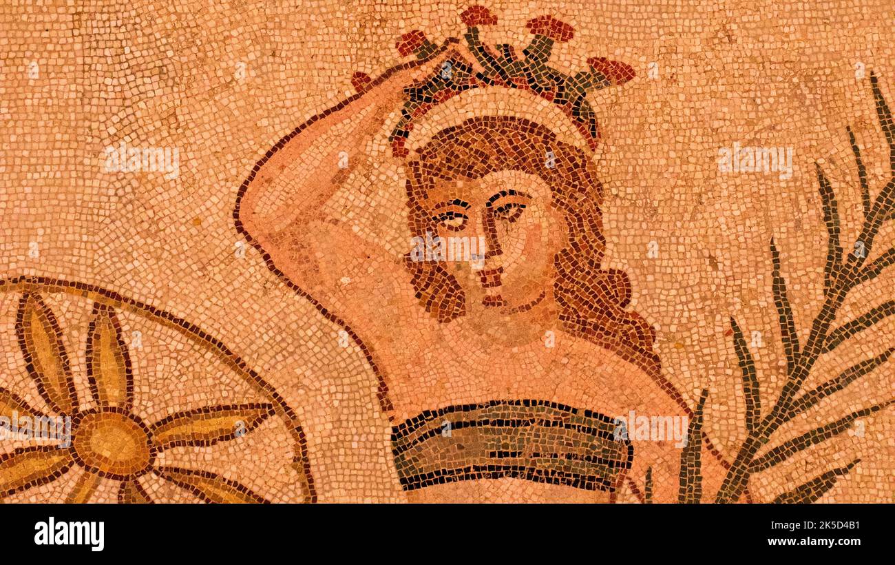 Italy, Sicily, Piazza Armerina, Villa Romana del Casale, Roman floor mosaics, bikini girl with crown Stock Photo