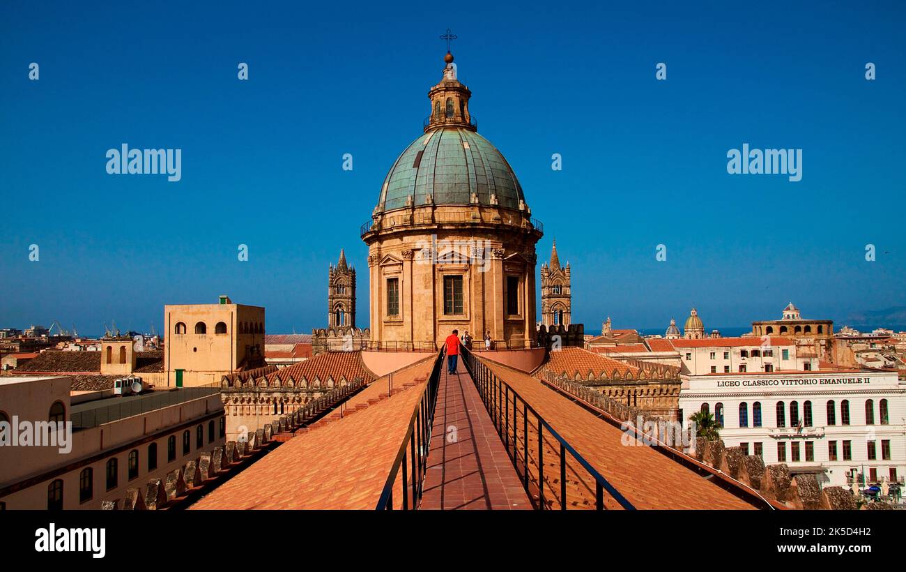 Italy, Sicily, Palermo, Palermo Cathedral, roof, view to the dome and to parts of the old town, blue cloudless sky Stock Photo