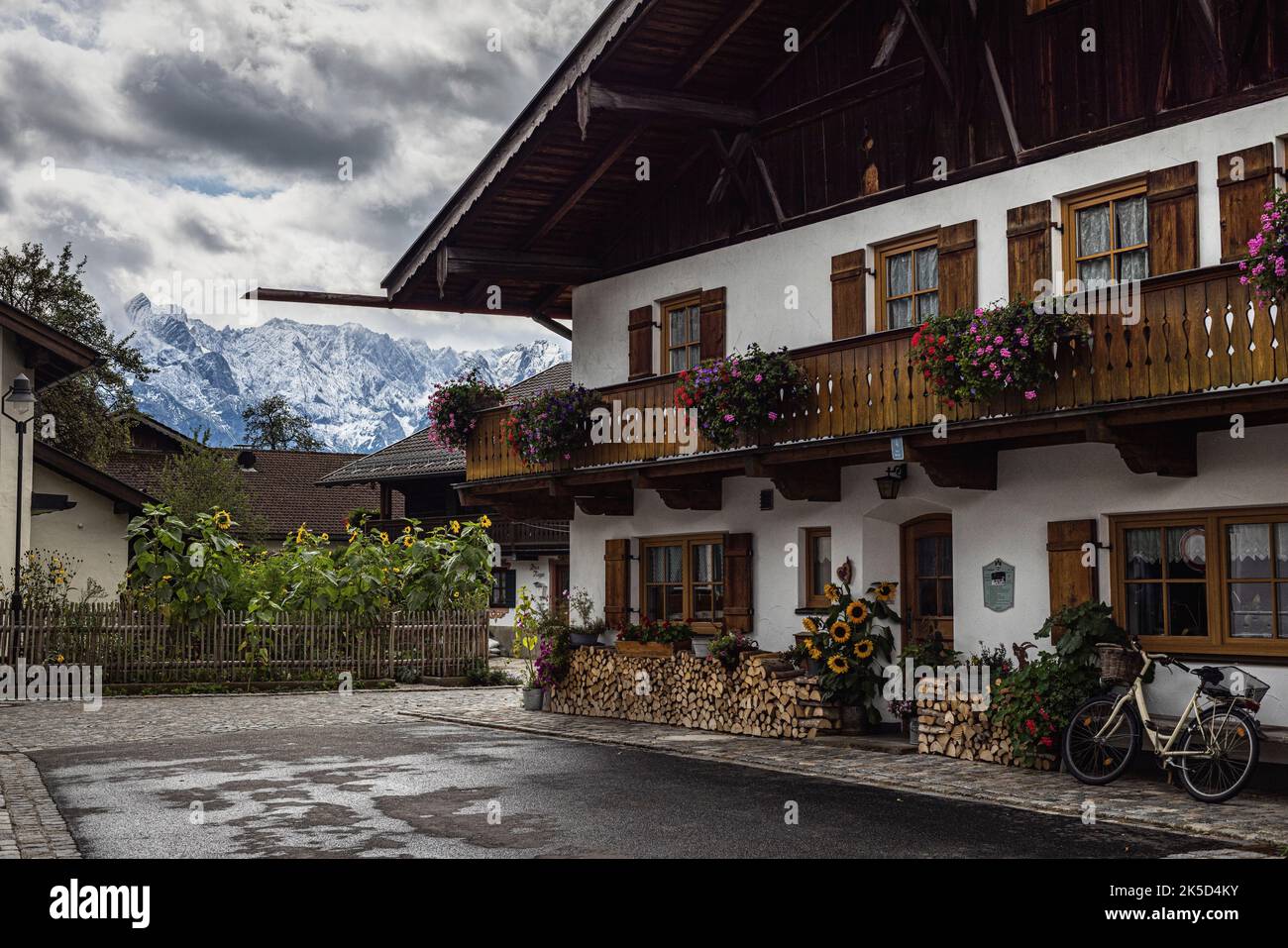Bavarian farmhouse with a view of the Alpspitze. Farchant, Bavaria