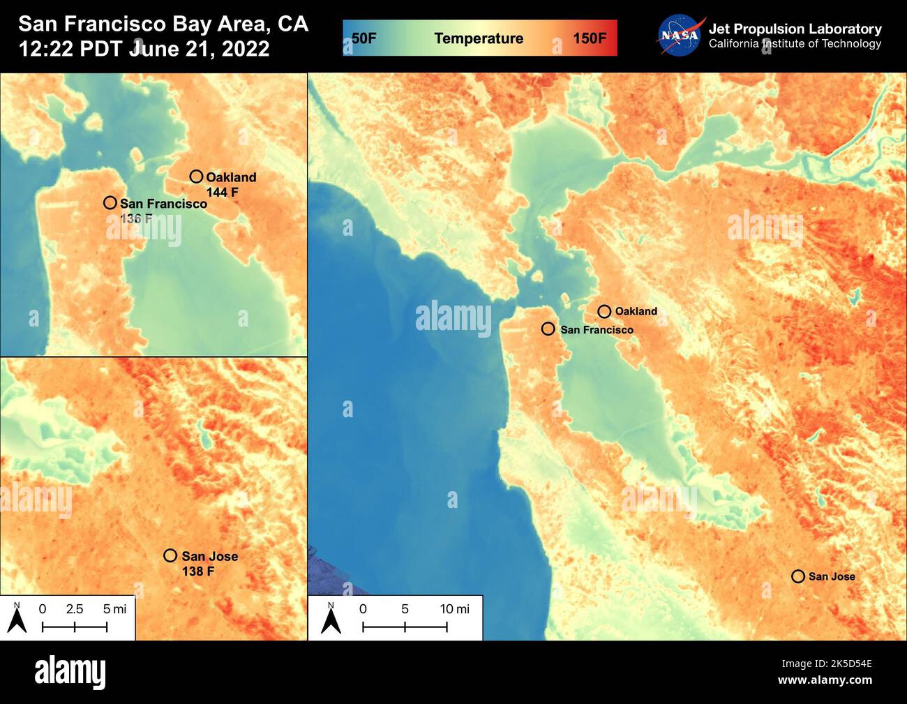 On June 21st, 2022, the San Francisco Bay Area experienced high temperatures as a hot mass of air remained over the region. San Francisco reached 92 degrees Fahrenheit, Oakland reached 98 degrees Fahrenheit, and San Jose reached 102 degrees Fahrenheit. The Land Surface Temperatures at 12 22 PM PDT ranged from 60 degrees Fahrenheit to 150 degrees Fahrenheit for this region with water temperatures ranging from 50 degrees Fahrenheit to 90 degrees Fahrenheit. ECOSTRESS is a thermal instrument on the International Space Station that measures the temperature of the ground, which is hotter than the a Stock Photo