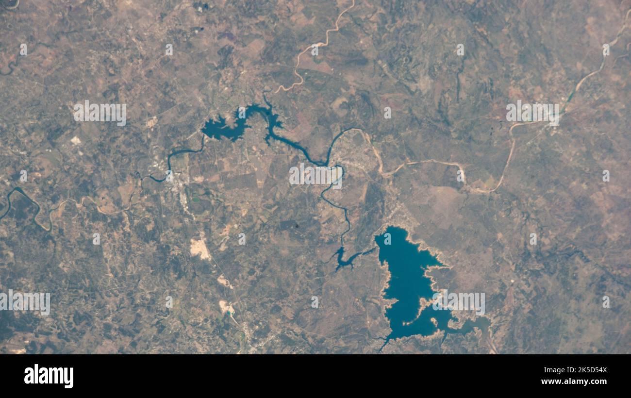 The Colorado River leads to Lake Buchanan (lower right) formed by the