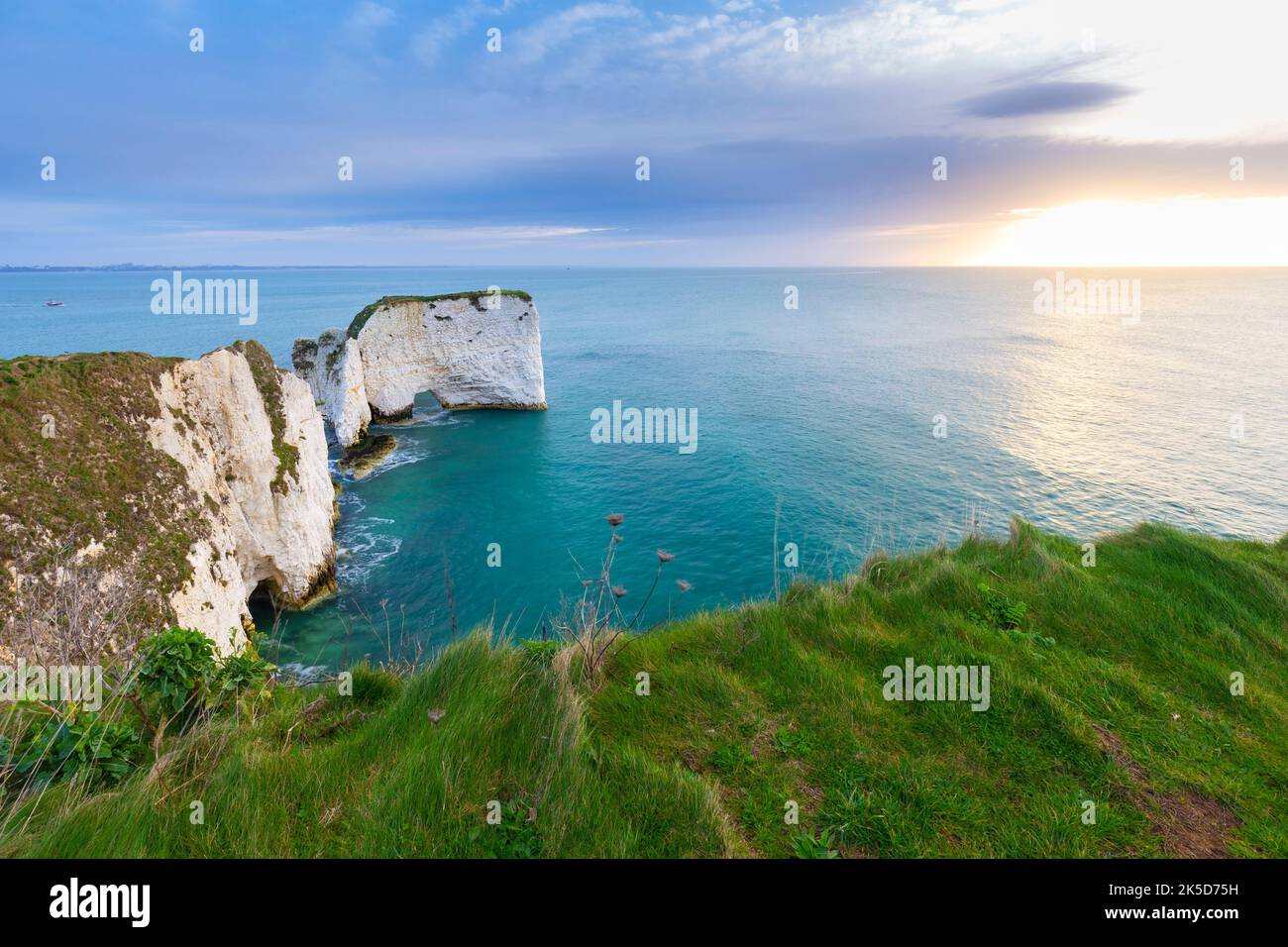 Sunrise at Old Harry Rocks. Handfast Point, Isle of Purbeck, Jurassic Coast, Dorset, England