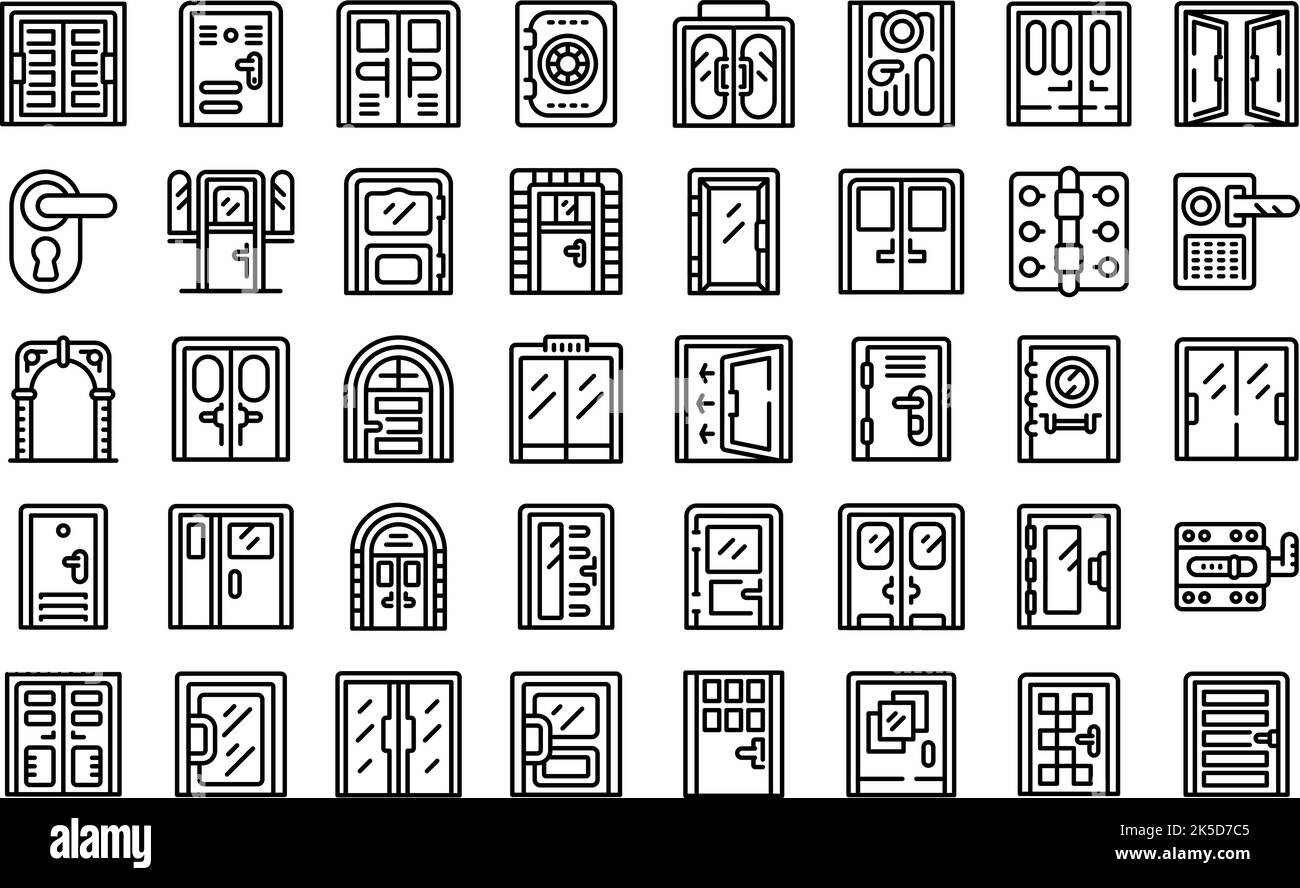 Door icons set outline vector. Office glass. Wood home Stock Vector