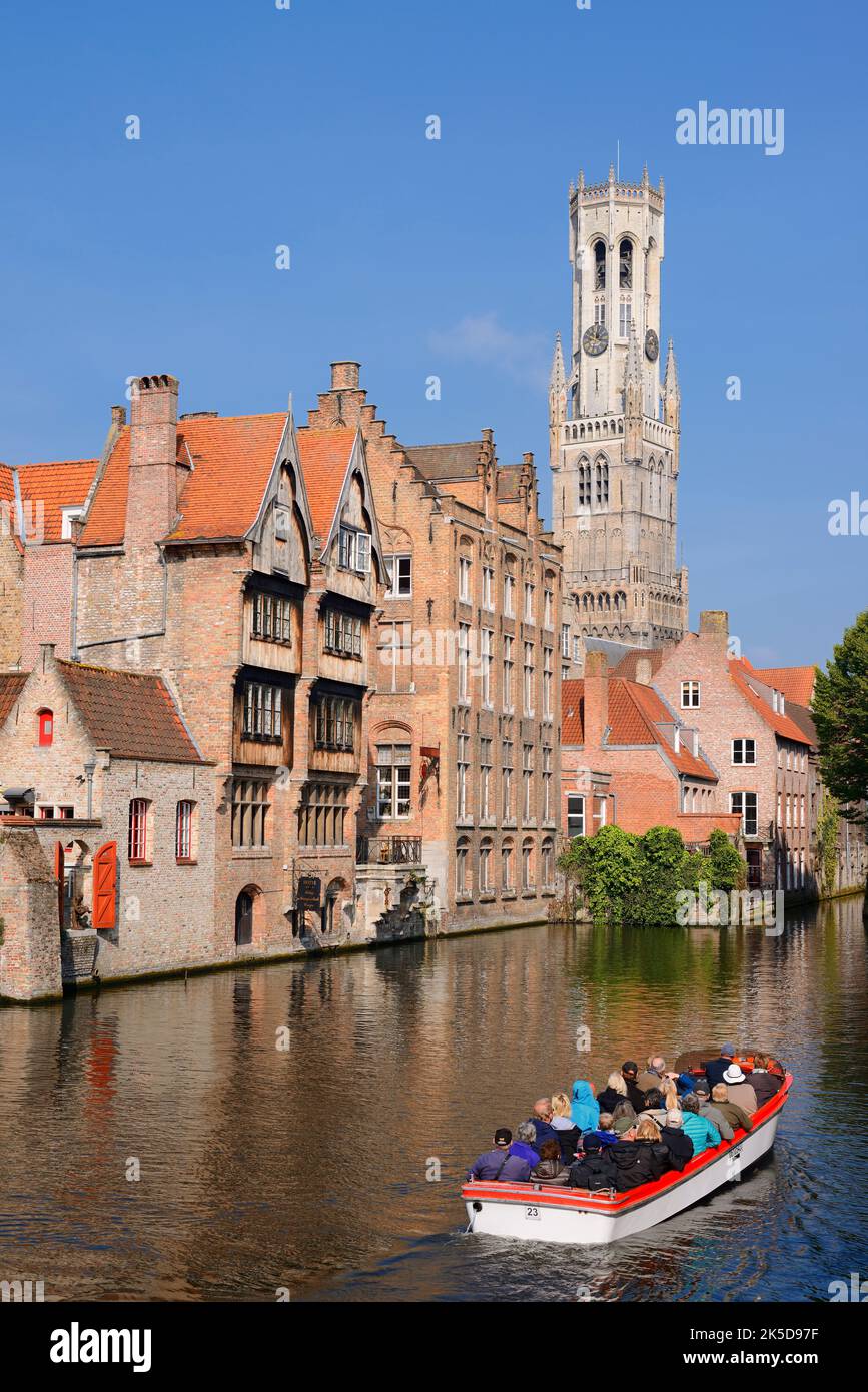 Belfry and houses on the canal, Rozenhoedkaai, Bruges, West Flanders