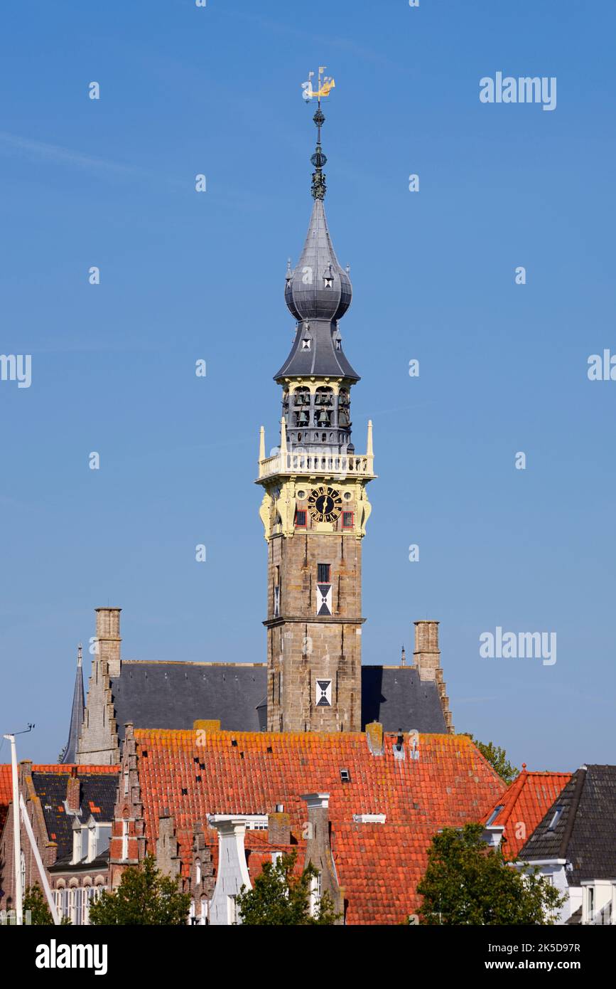 City Hall Tower, Veere, Walcheren, Zeeland, Netherlands Stock Photo
