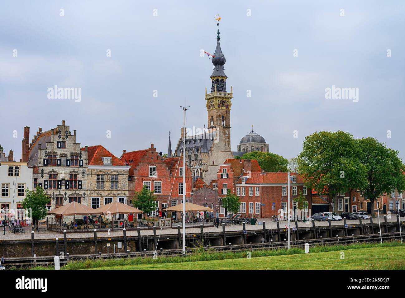 City hall and houses, Veere, Walcheren, Zeeland, Netherlands Stock Photo