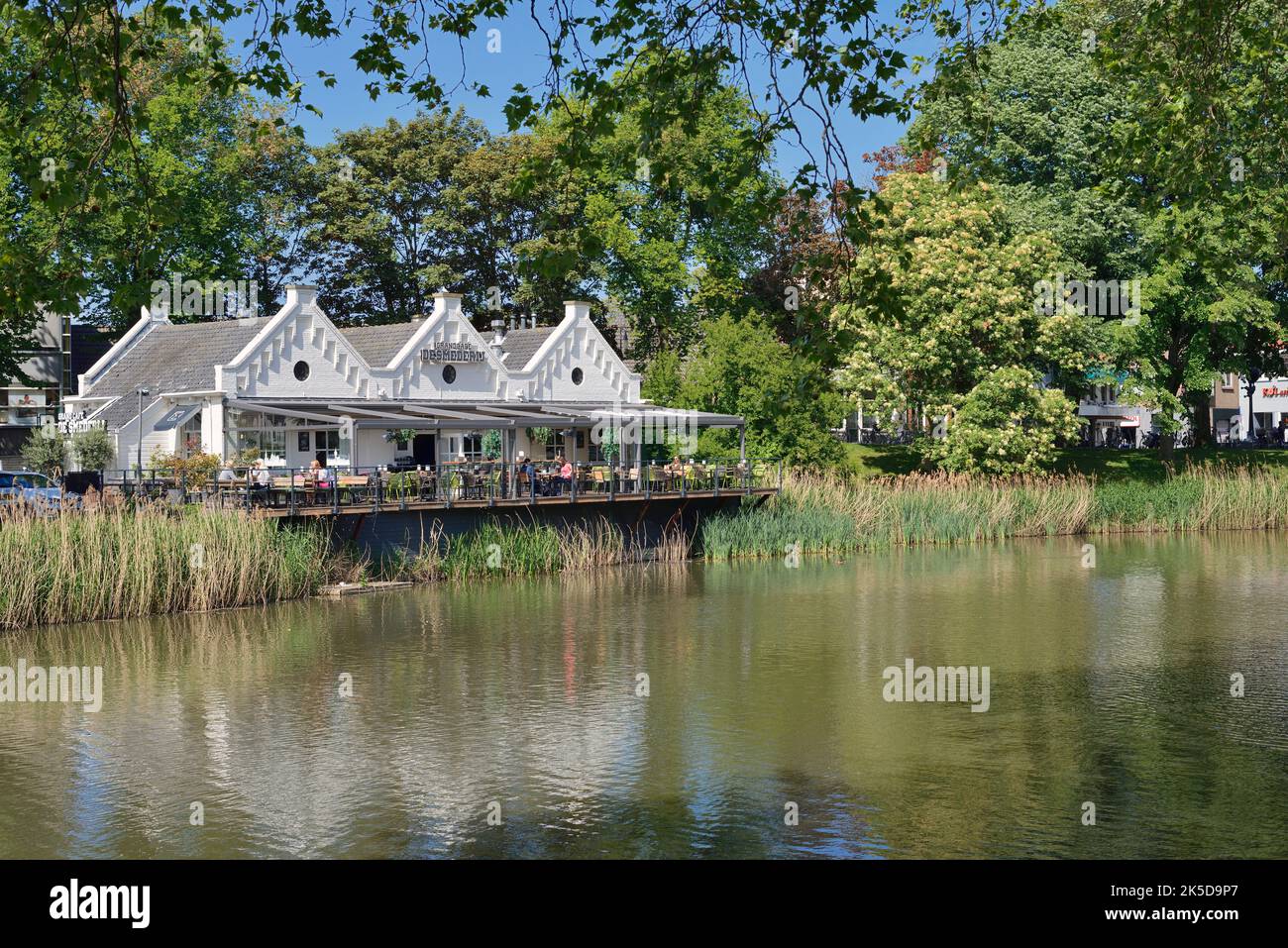 Restaurant with terrace on a pond, Goes, Zuid-Beveland, Zeeland, Netherlands Stock Photo