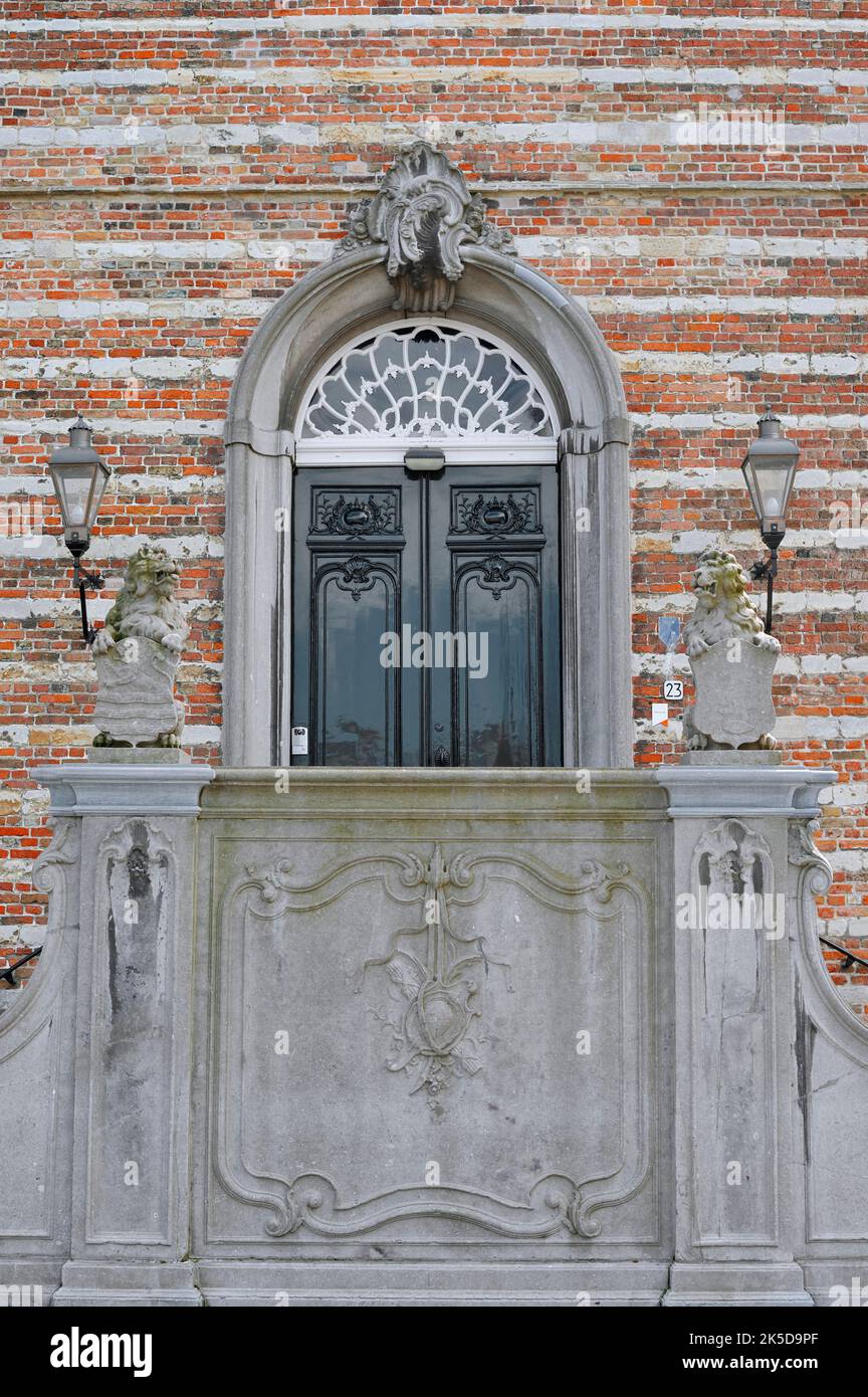City Hall, entrance with lion figures, Goes, Zuid-Beveland, Zeeland, Netherlands Stock Photo