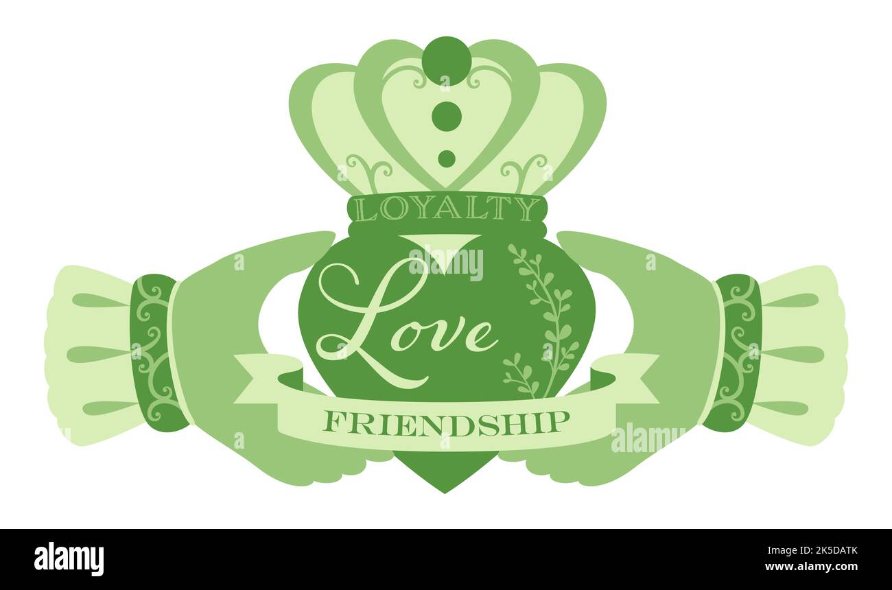 An Irish Claddagh design with loyalty, love, and friendship text Stock Vector