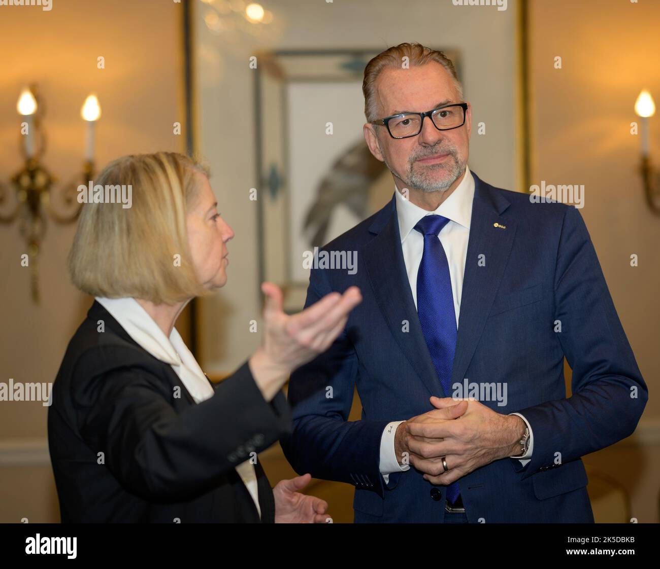 NASA Deputy Administrator Pam Melroy, left, and Dr. Josef Aschbacher, Director General, European Space Agency (ESA), talk during a meeting during the 37th Space Symposium, Tuesday, April 5, 2022, in Colorado Springs, Colorado. Stock Photo