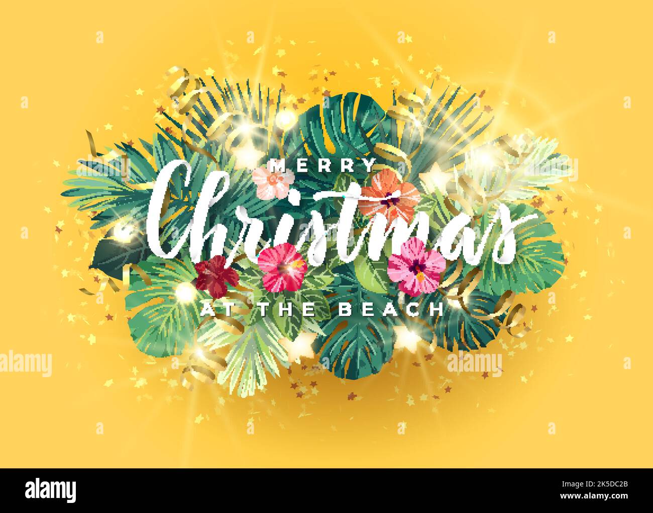 Tropical Christmas on the beach design with monstera palm leaves