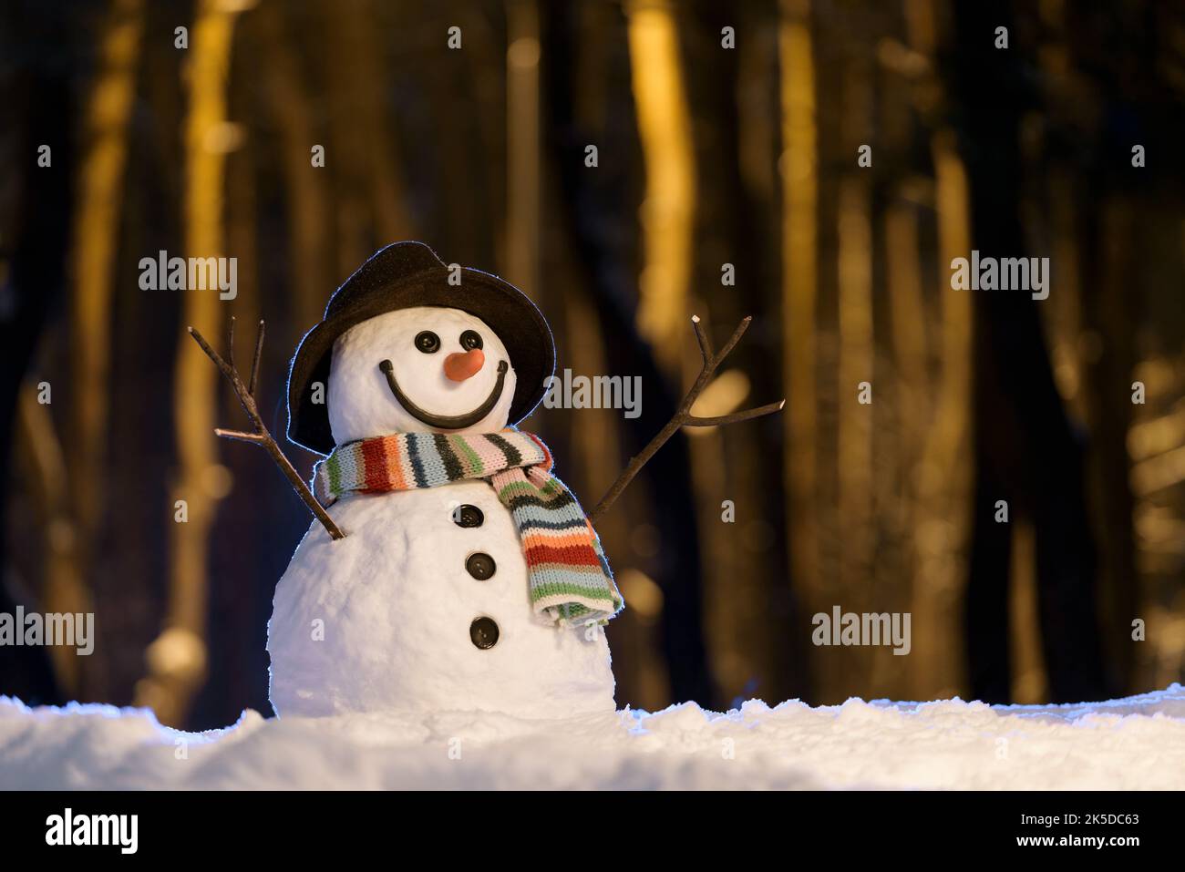 Cheerful snowman in the snowy park in the evening Stock Photo