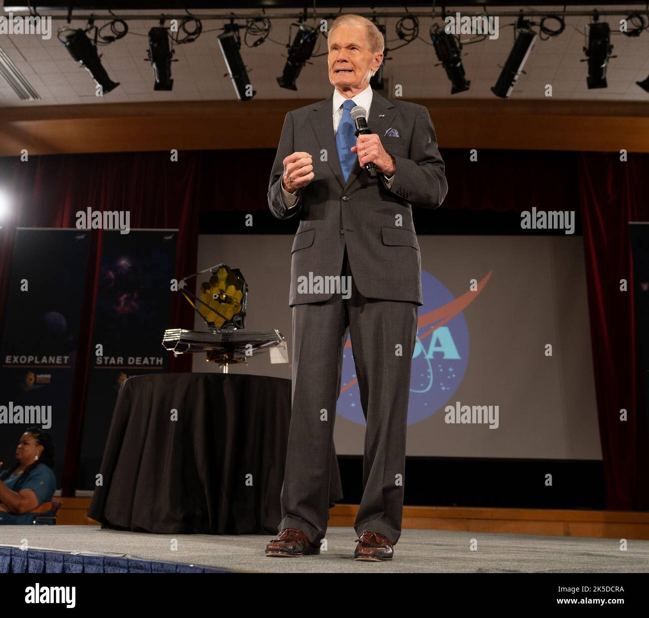 NASA Administrator Bill Nelson delivers remarks ahead of the release of the first images from NASA’s James Webb Space Telescope, Tuesday, July 12, 2022, at NASA’s Goddard Space Flight Center in Greenbelt, Md.  The first full-color images and spectroscopic data from the James Webb Space Telescope, a partnership with ESA (European Space Agency) and the Canadian Space Agency (CSA), are a demonstration of the power of Webb as the telescope begins its science mission to unfold the infrared universe. Stock Photo