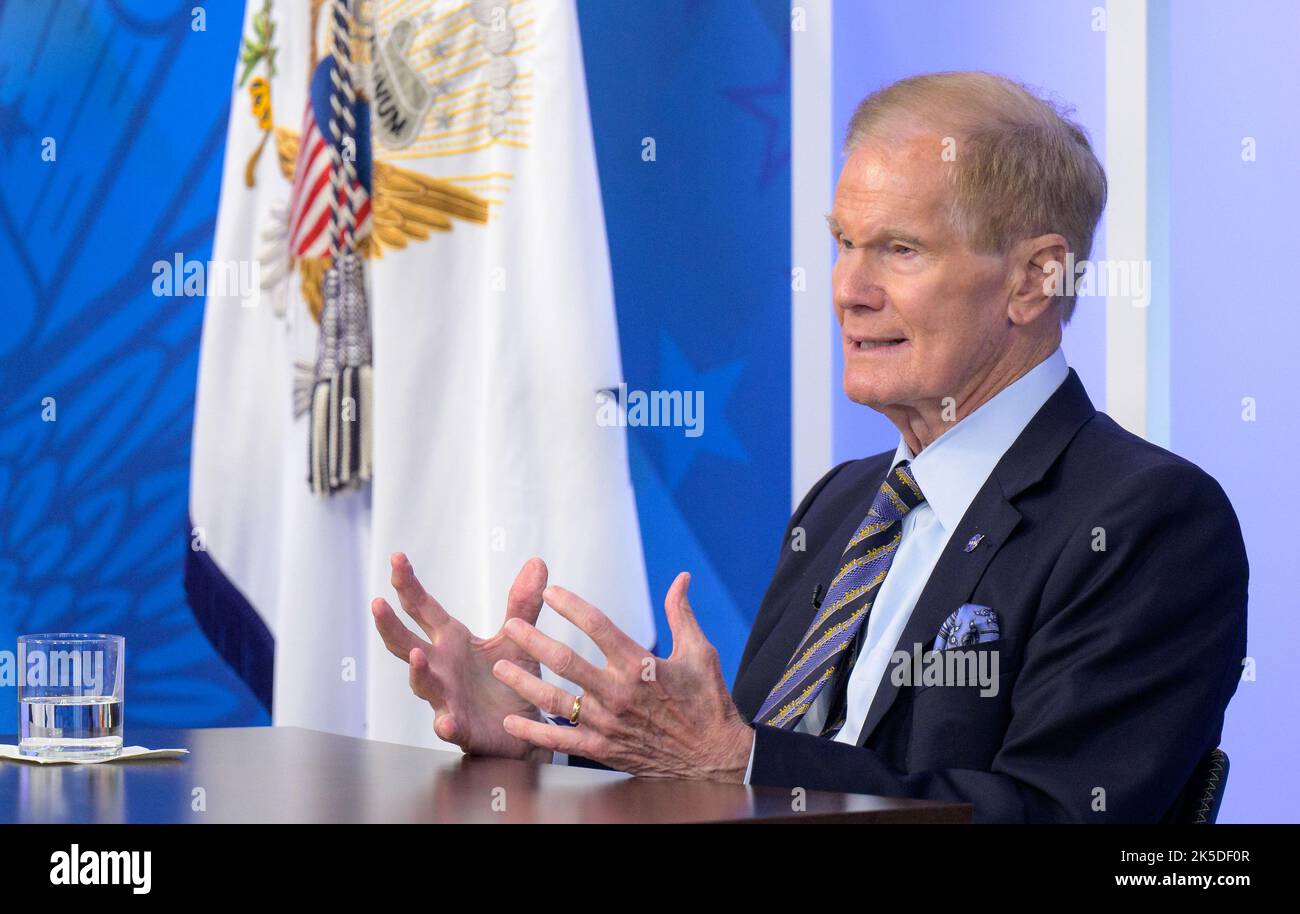 NASA Administrator Bill Nelson talks with U.S. President Joe Biden in a meeting where they previewed images from NASA’s James Webb Space Telescope, Monday, July 11, 2022, in the South Court Auditorium in the Eisenhower Executive Office Building on the White House complex in Washington. Stock Photo