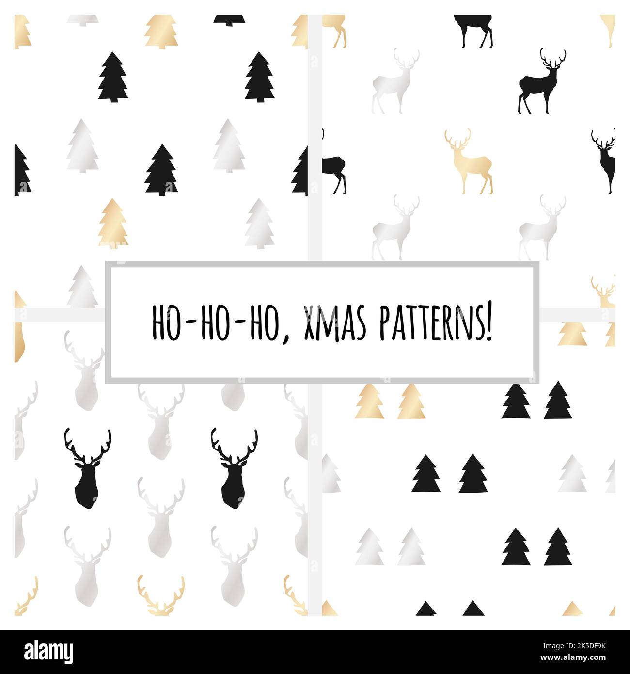Set of gold foil seamless patterns with Christmas trees and deers for ...