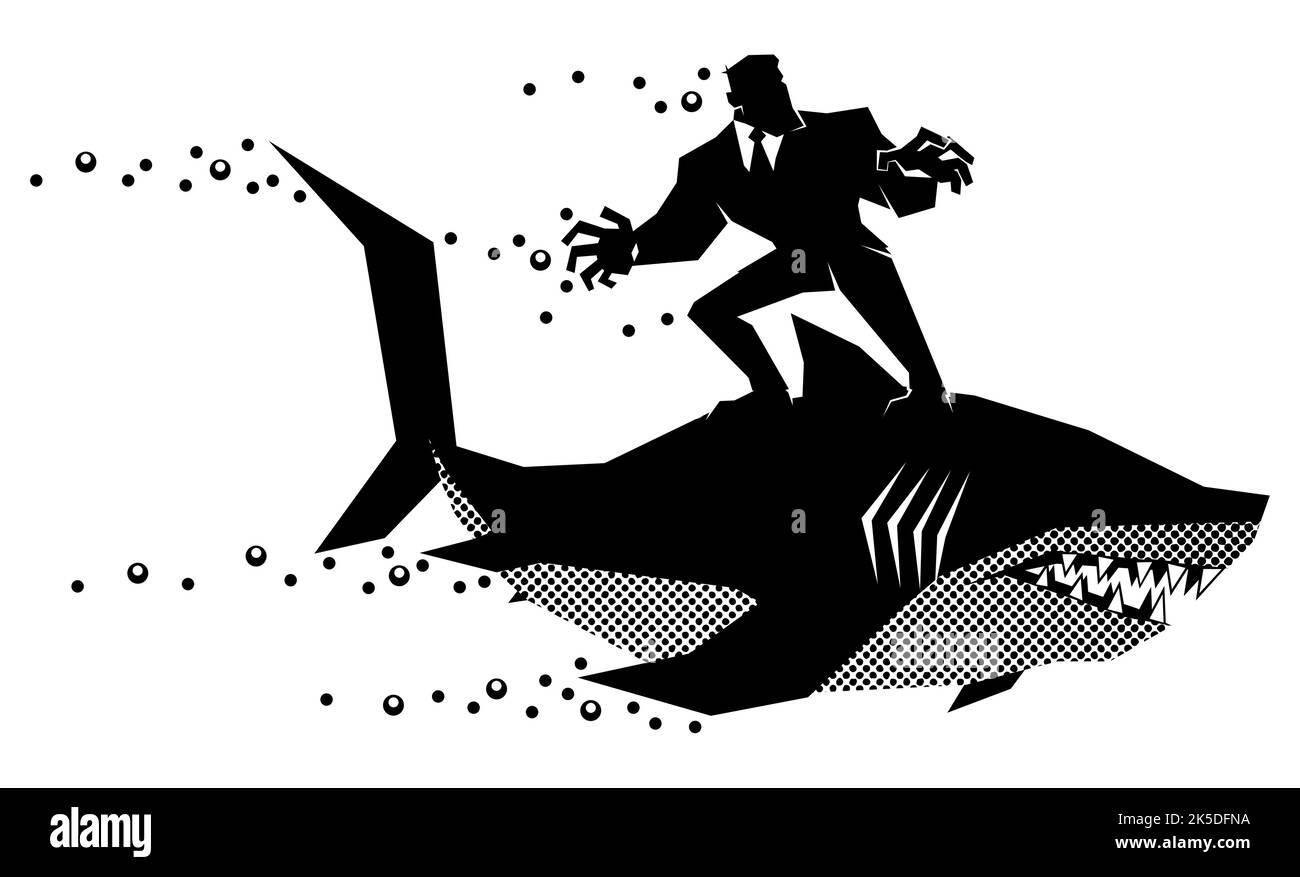 Businessman Riding Shark Black and White Stock Vector