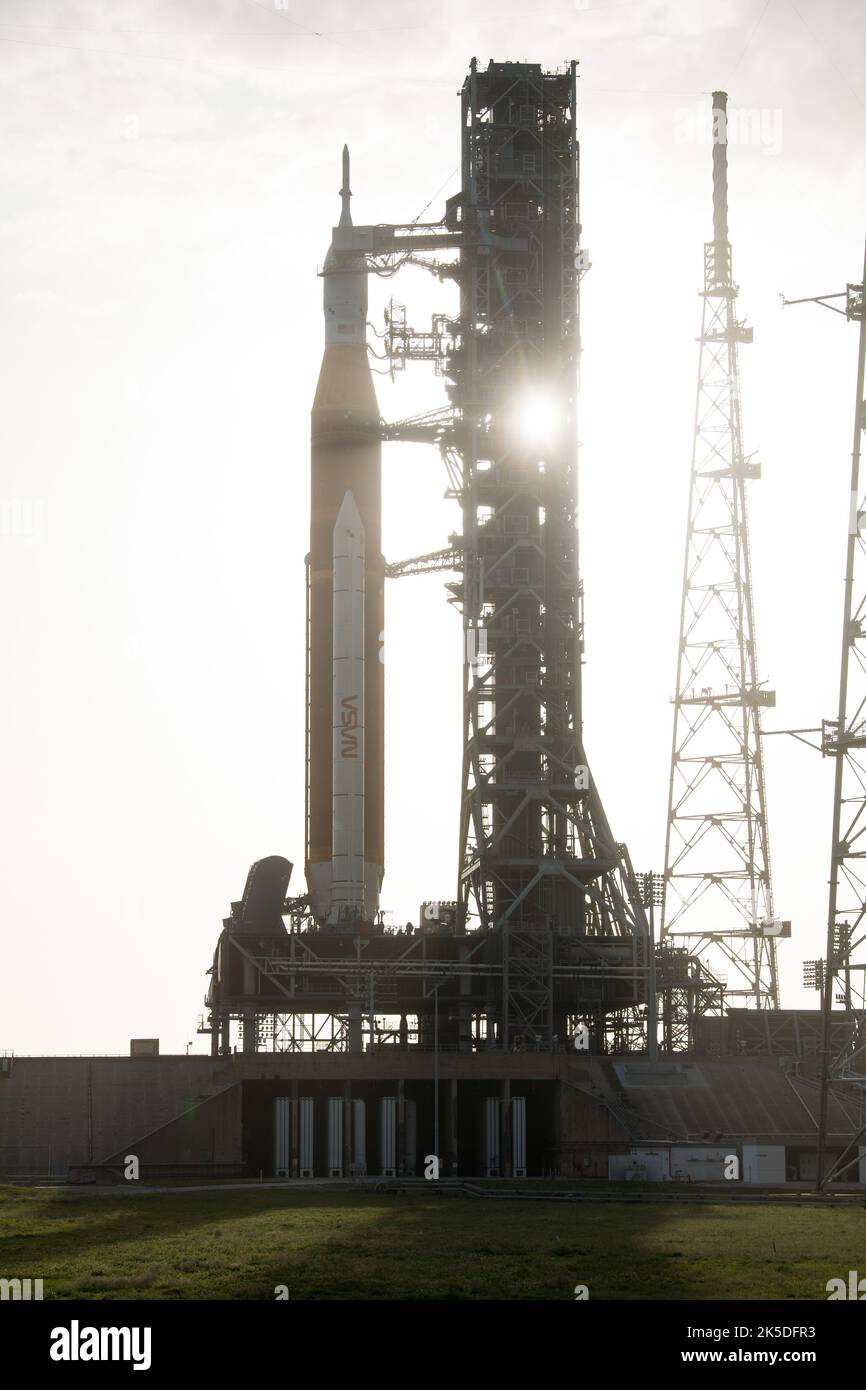 NASA SLS rocket with Orion spacecraft is atop a mobile launcher at ...
