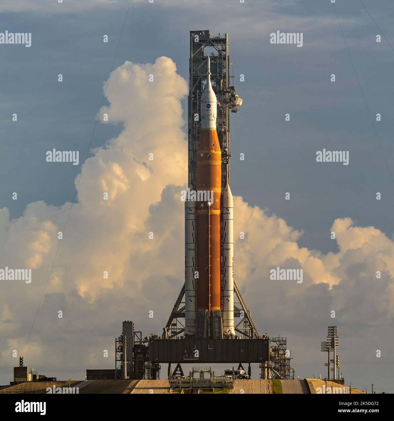 The SLS rocket with Orion spacecraft is on the mobile launcher at ...