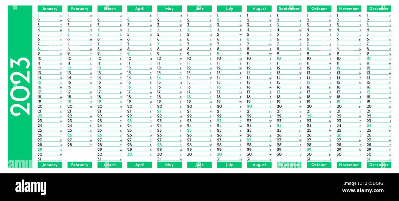 Green simple linear calendar yearly planner template for 2023 with