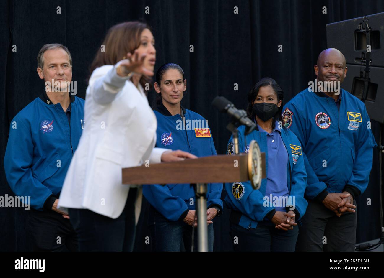 Vice President Kamala Harris gives remarks as NASA astronauts Tom
