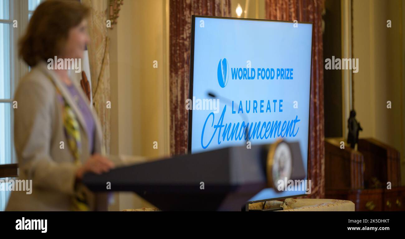 World Food Prize President, Barbara Stinson gives remarks during an event at the U.S Department of State where it was announced that Cynthia Rosenzweig, a senior research scientist and head of the Climate Impacts Group at NASA’s Goddard Institute for Space Studies (GISS) in New York City, was awarded the 2022 World Food Prize from the World Food Prize Foundation, Thursday, May 5, 2022, at the Harry S. Truman Building in Washington. Stock Photo